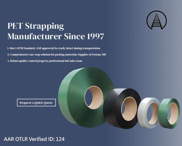 Mobile version of Juhong AAR PET Strapping technical data sheet for 5/8 and 3/4 inch high-strength bands